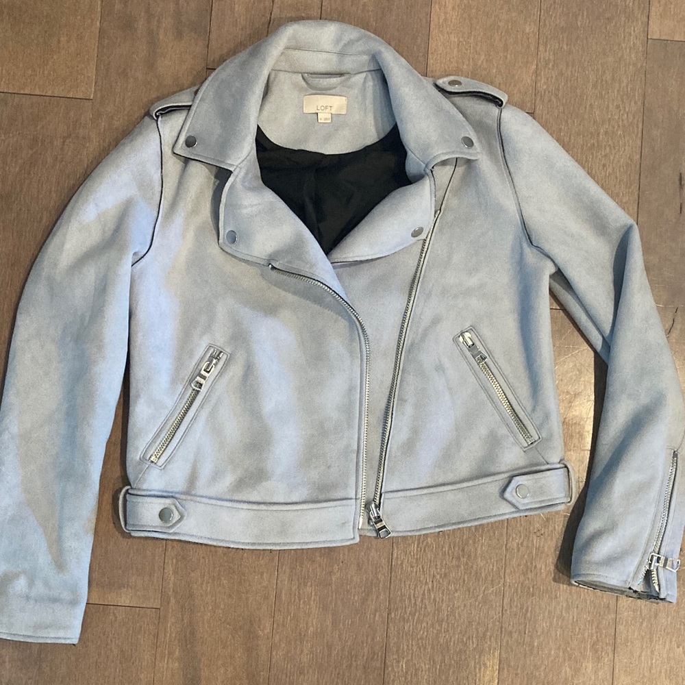 LOFT Women's Soft Blue Grey Faux Suede Moto Jacket